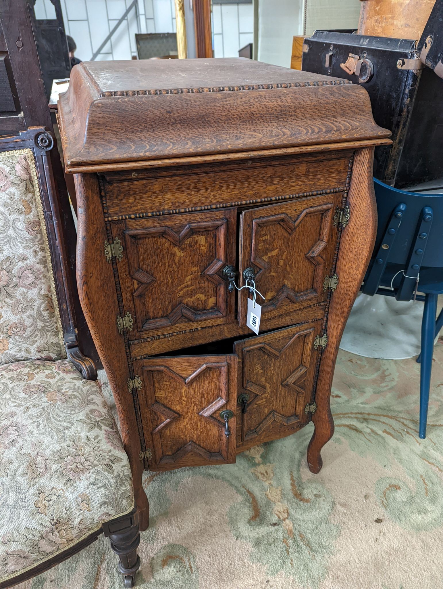 An early 20th century oak gramophone case (no record player), width 55cm, depth 60cm, height 102cm